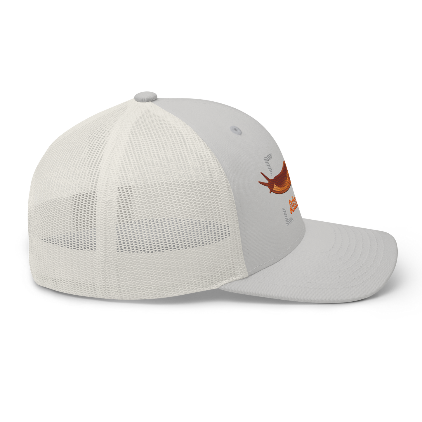 The Large Red Slug "Arion rufus" Embroidered Silver Trucker Hat Right Mockup