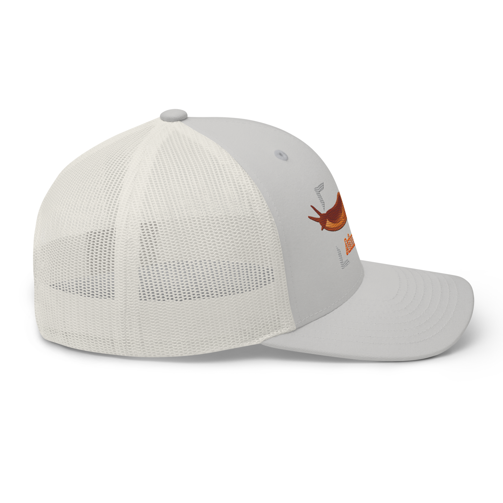 The Large Red Slug "Arion rufus" Embroidered Silver Trucker Hat Right Mockup