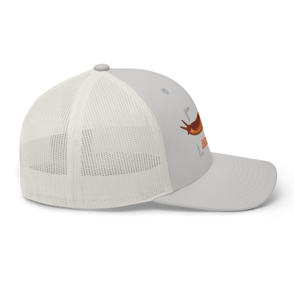 The Large Red Slug "Arion rufus" Embroidered Silver Trucker Hat Right Mockup