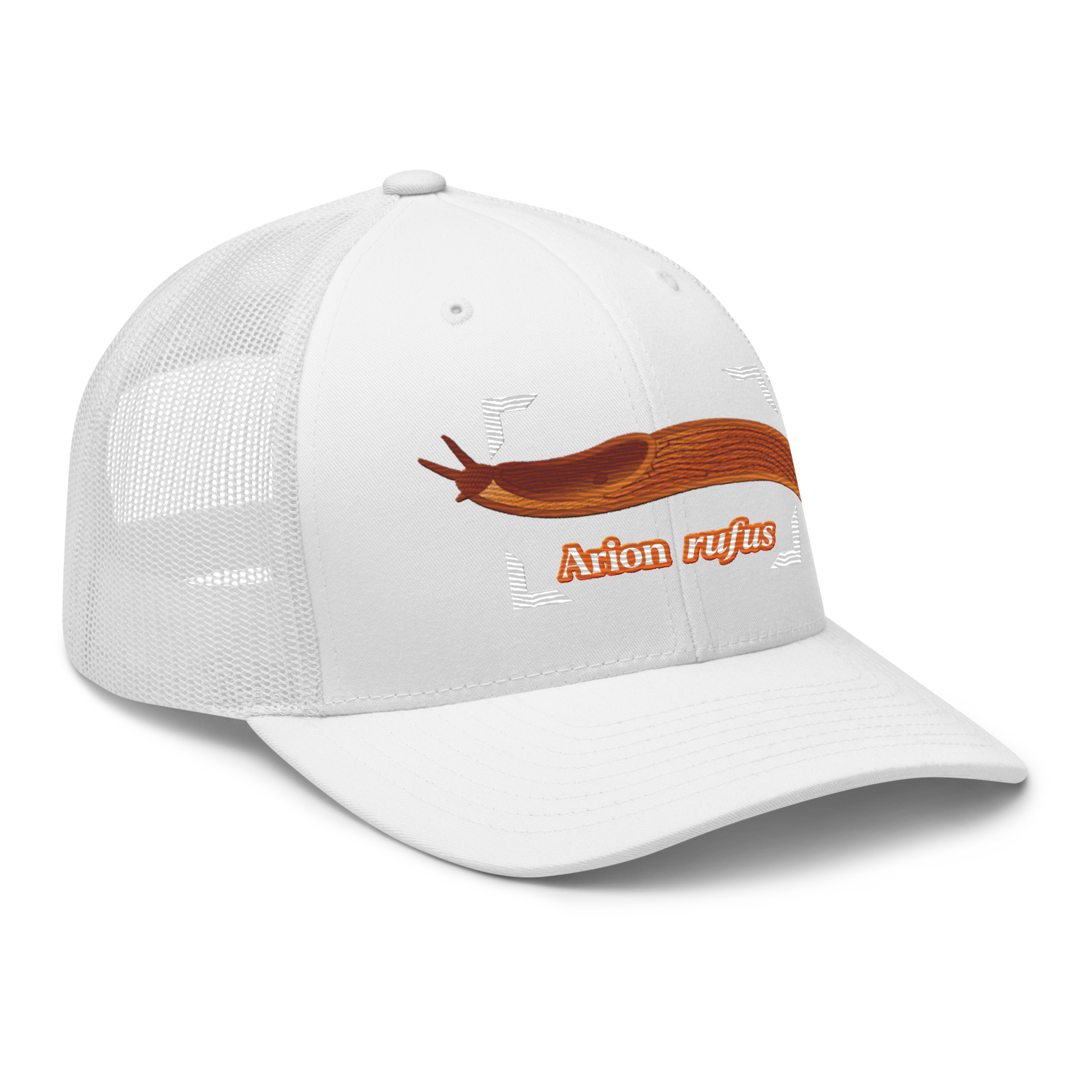 The Large Red Slug "Arion rufus" Embroidered White Trucker Hat Right Front Mockup