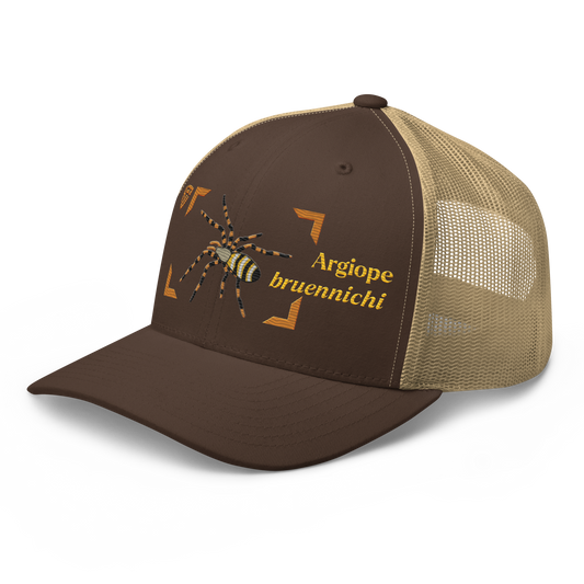 Wasp Spider "Argiope bruennichi" Embroidered Brown & Khaki Trucker Hat Left Front Mockup