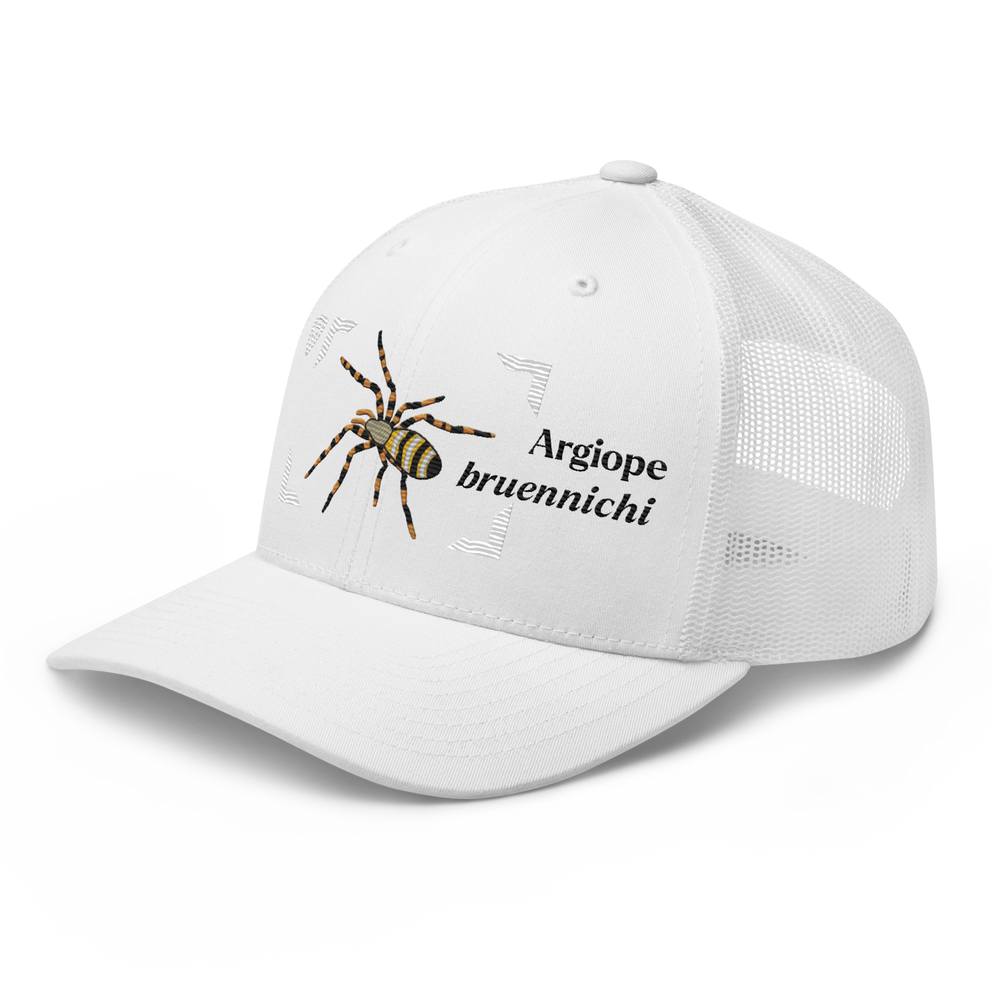 Wasp Spider "Argiope bruennichi" Embroidered Charcoal White Trucker Hat Left Front View