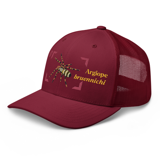 Wasp Spider "Argiope bruennichi" Embroidered Cranberry Red Trucker Hat Left Front Mockup