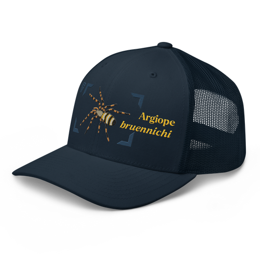 Wasp Spider "Argiope bruennichi" Embroidered Navy Blue Trucker Hat Left Front Mockup