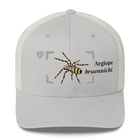 Wasp Spider "Argiope bruennichi" Embroidered Silver Trucker Hat Front Mockup