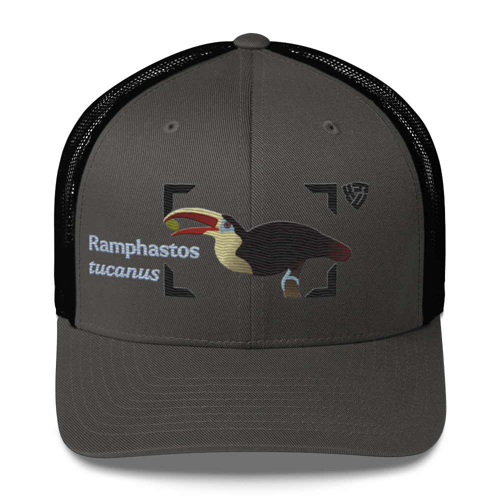 White-throated Toucan "Ramphastos tucanus" Embroidered Charcoal Grey & Black Trucker Hat Front Mockup