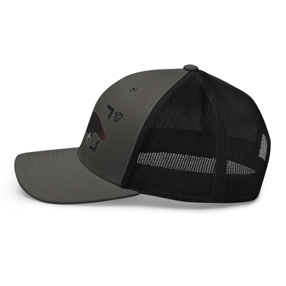 White-throated Toucan "Ramphastos tucanus" Embroidered Charcoal Grey & Black Trucker Hat Left Mockup