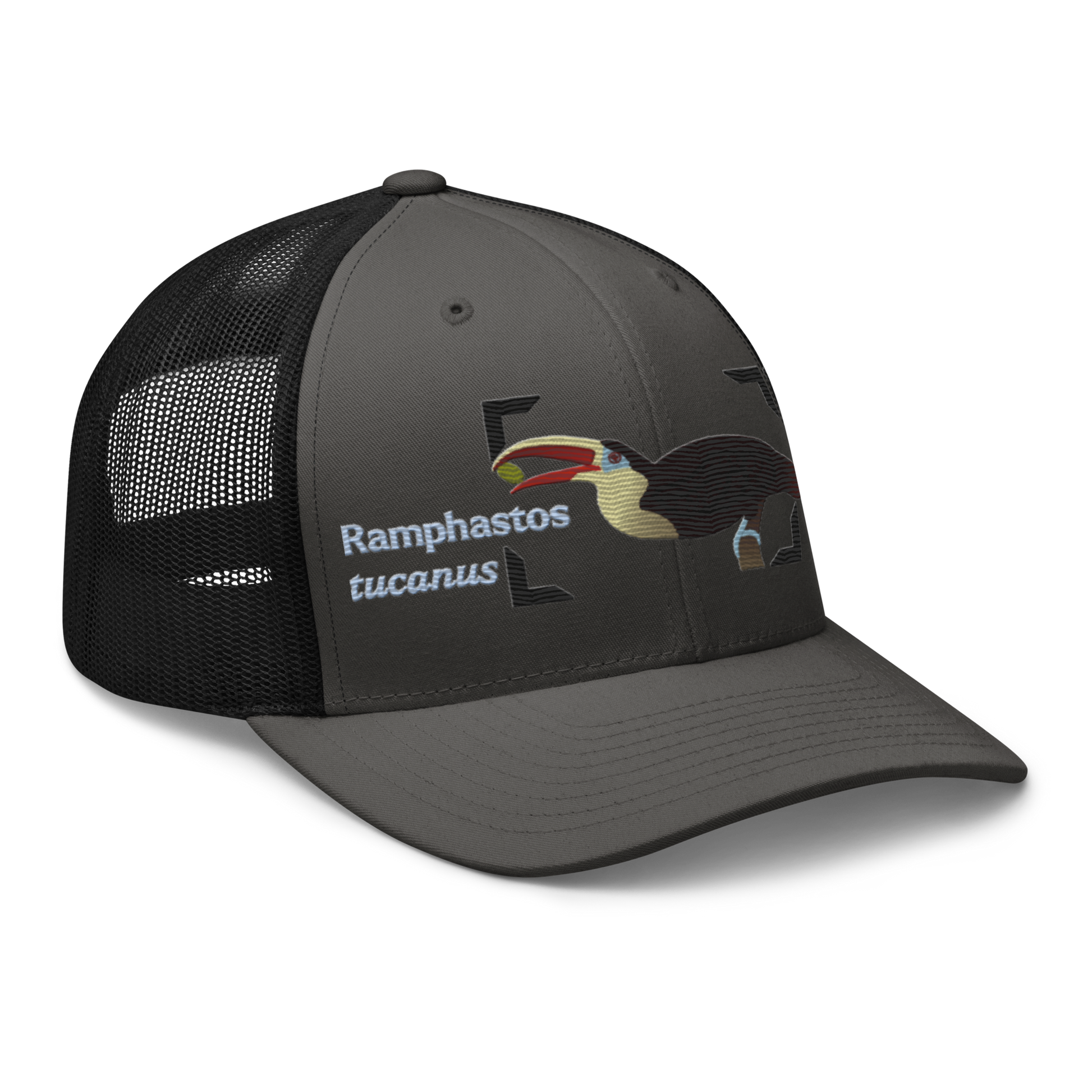 White-throated Toucan "Ramphastos tucanus" Embroidered Charcoal Grey & Black Trucker Hat Right Front Mockup
